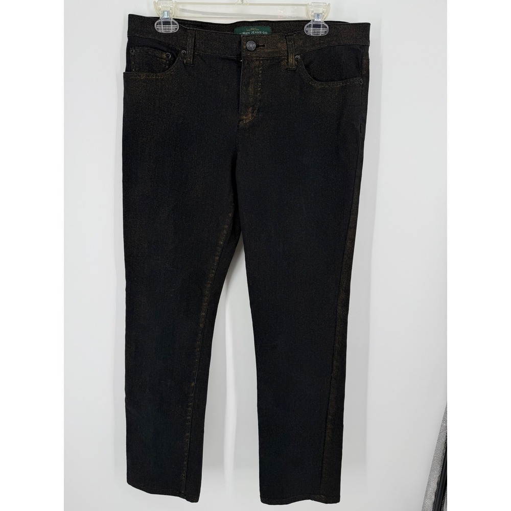Lauren Ralph Lauren Jeans Women 10 Black‎ Gold Metallic Shimmer Straight Midrise